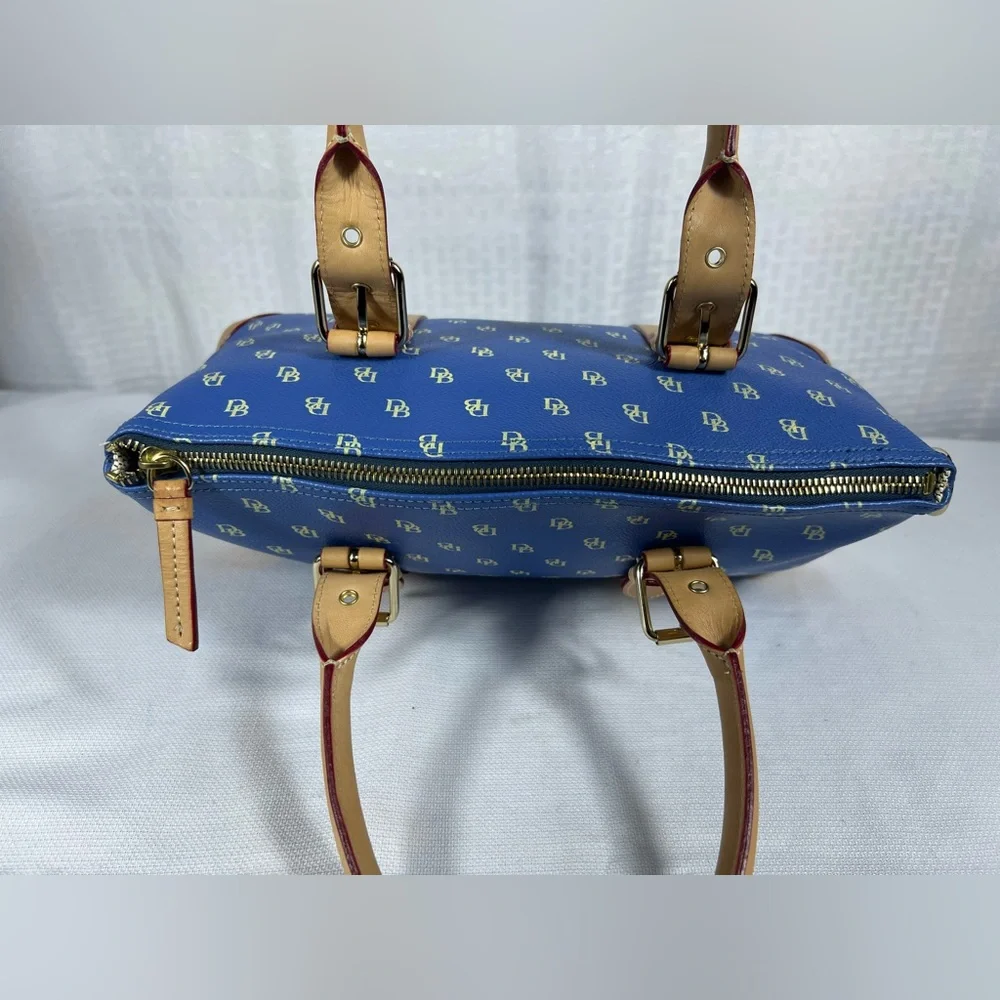 4222: Dooney & Bourke Blue DB Monogram 3 Pc Satchel Wallet Glasses Case Set